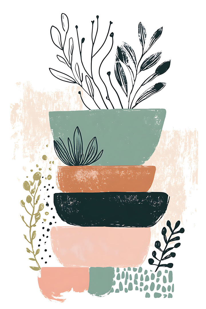 Wadi Home Abstract Botanical Stacked Bowls Wall Art with green, coral, navy, and pink bowls and botanical line art.