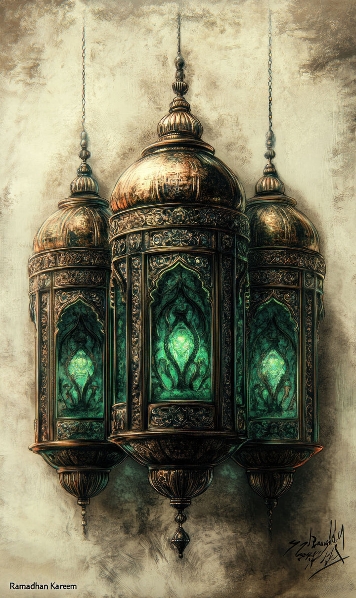 Wadi Home Ornate Hanging Lantern Wall Art featuring three metallic lanterns with emerald green accents, Islamic design.