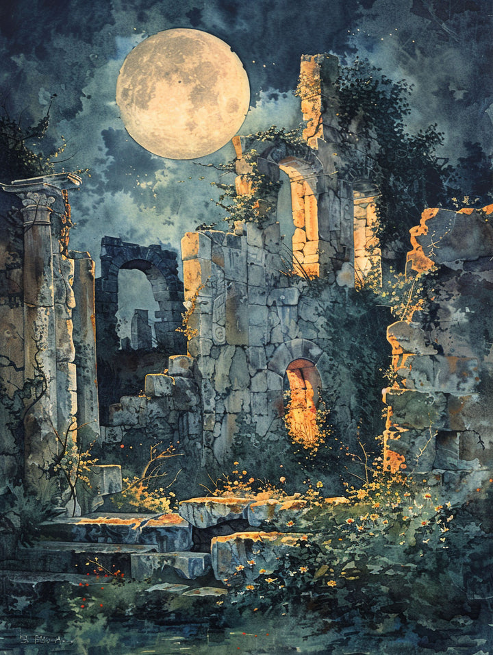 Wadi Home Moonlit Ruins wall art depicts ancient stone ruins illuminated by a large full moon, with overgrown greenery and dramatic lighting.