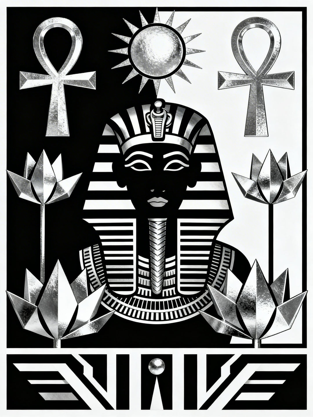 Wadi Home black and white graphic art print of an Ancient Egyptian pharaoh wearing a nemes headdress, flanked by ankh symbols and lotus flowers.