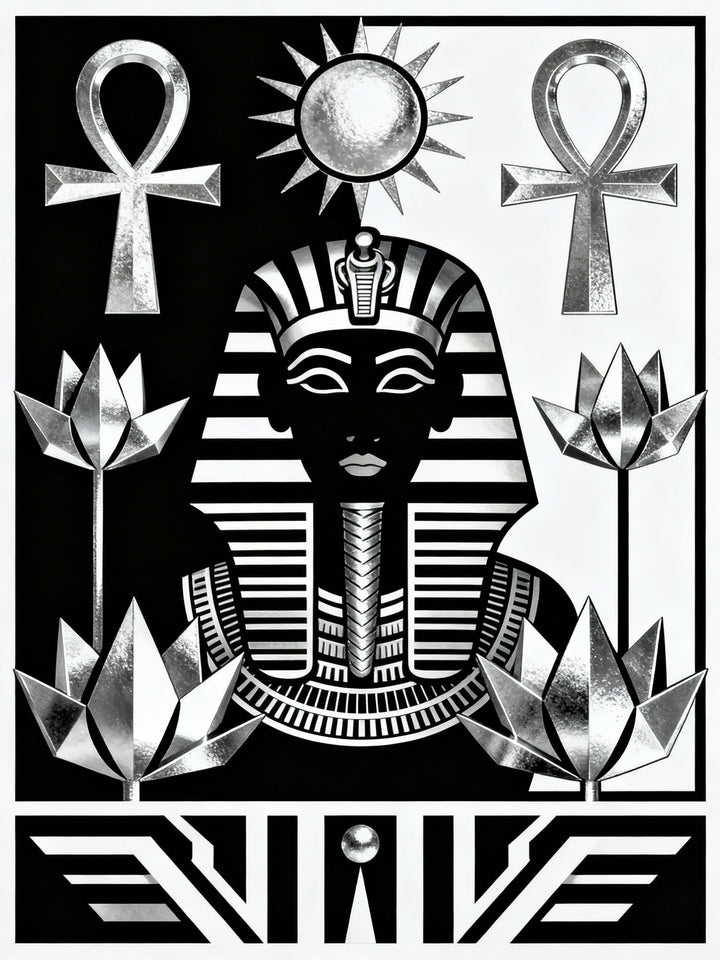 Wadi Home black and white graphic art print of an Ancient Egyptian pharaoh wearing a nemes headdress, flanked by ankh symbols and lotus flowers.