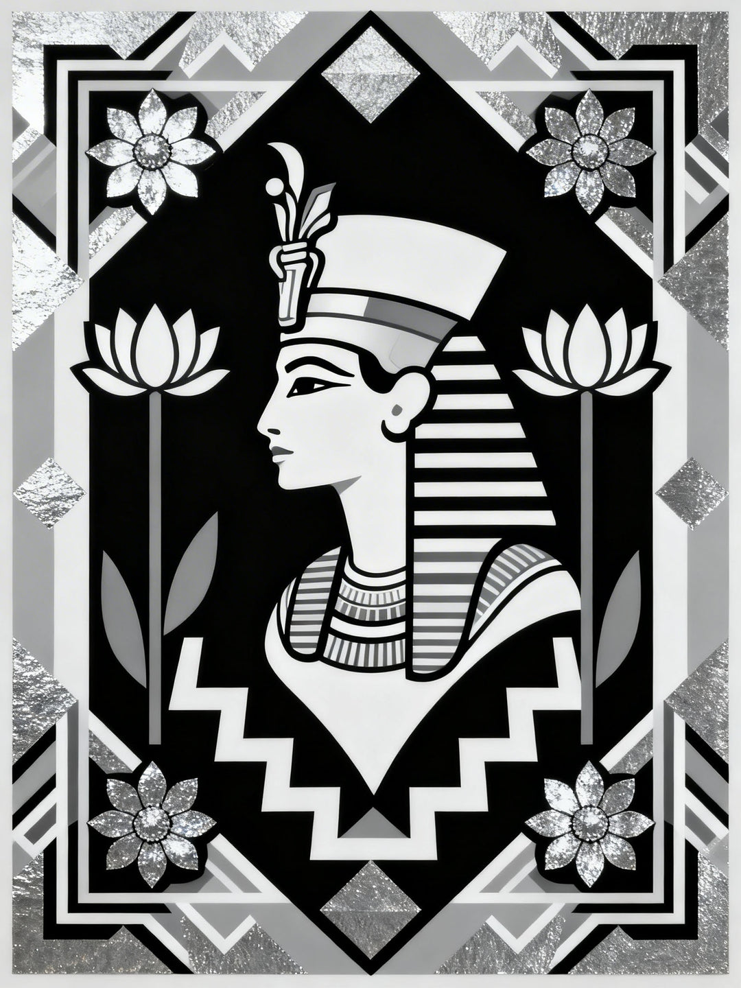 Wadi Home Egyptian Queen portrait wall art in black, white, and silver with lotus flowers and geometric patterns.
