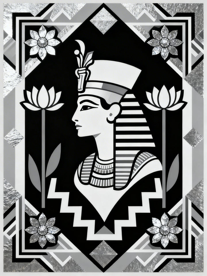 Wadi Home Egyptian Queen portrait wall art in black, white, and silver with lotus flowers and geometric patterns.