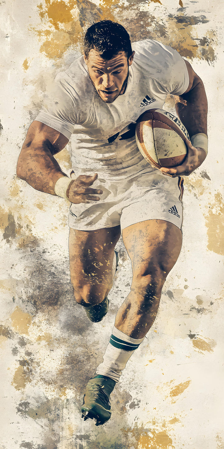 Wadi Home rugby player artwork, muscular athlete in white uniform running with ball, textured painterly style.