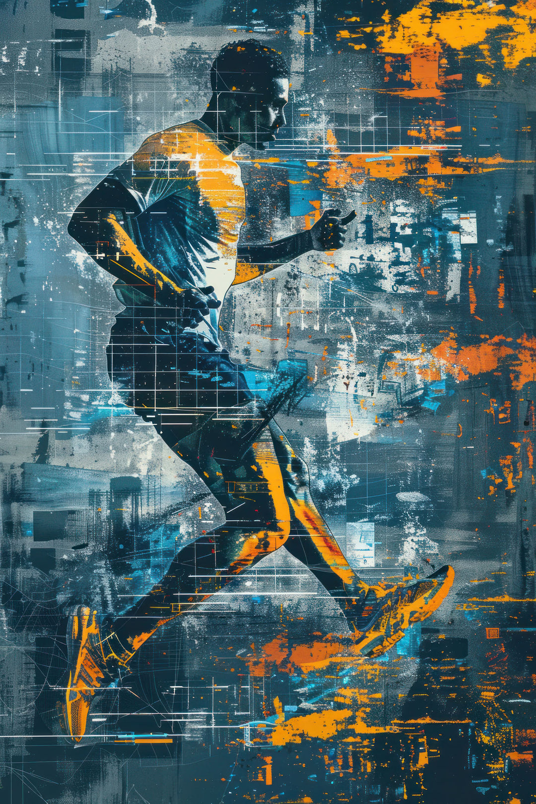 Wadi Home abstract canvas art of a runner in motion, featuring blues, oranges, and yellows.