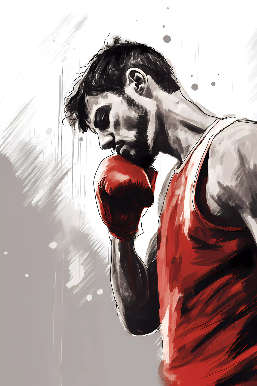 Wadi Home boxing artwork of a focused boxer in red gloves and tank top, dynamic brush strokes, motivational art.