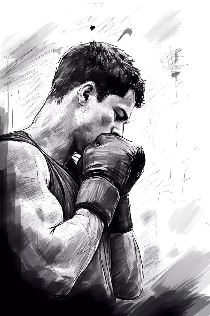 Wadi Home black and white sketch-style wall art of a boxer in contemplation, gloved hands clasped near face.
