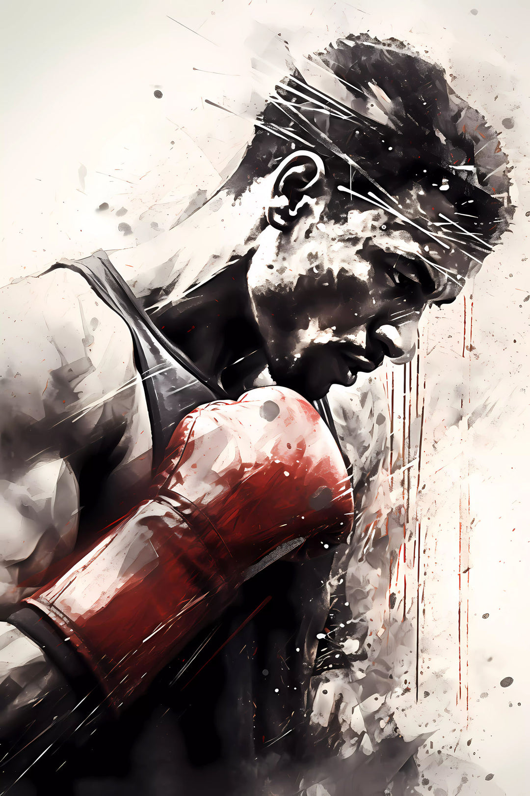 Wadi Home art print of a boxer in red gloves, head down in thought, watercolor and ink style with black, white, and red.