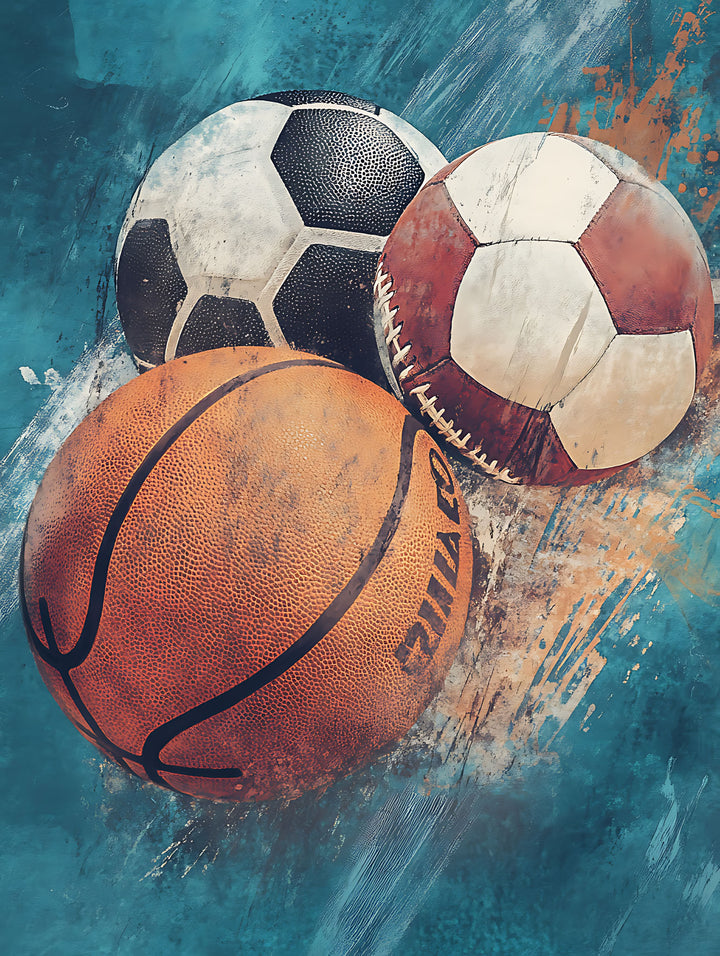 Wadi Home Sports Balls Collage wall art featuring a basketball, soccer ball, and vintage baseball on a teal abstract background.