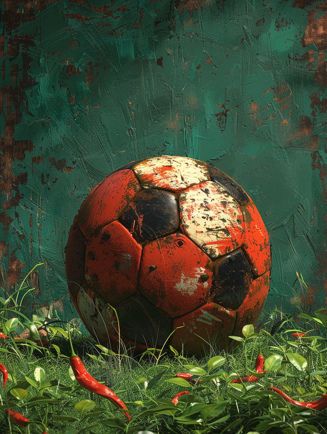 Wadi Home vintage soccer ball art with red and black panels, surrounded by green grass and red chili peppers.