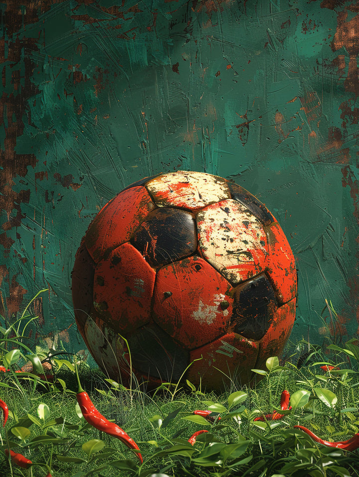 Wadi Home vintage soccer ball art with red and black panels, surrounded by green grass and red chili peppers.