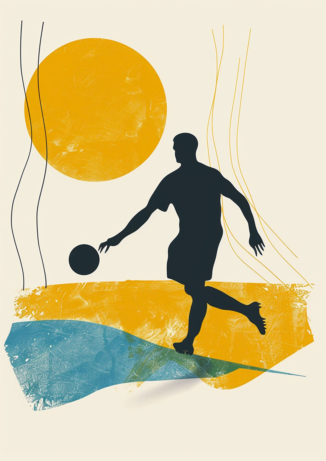 Wadi Home abstract soccer player wall art, dark silhouette in action with yellow sun and blue textured shapes.