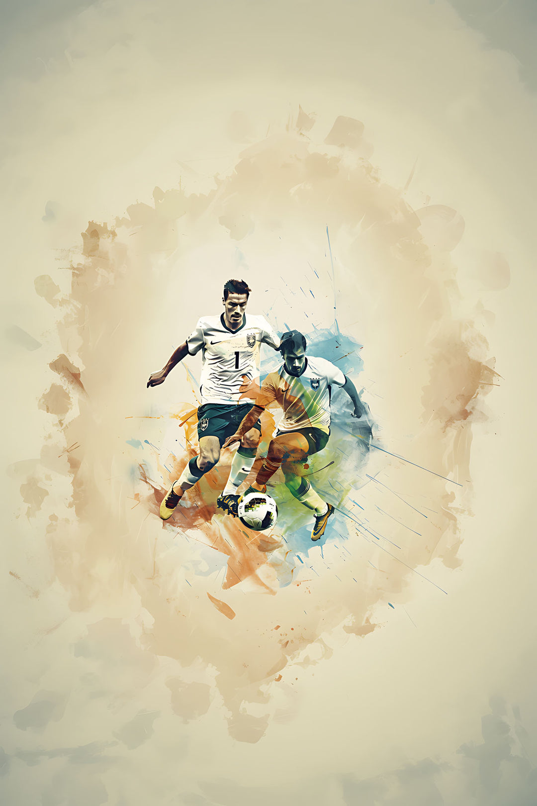 Wadi Home dynamic soccer action watercolor print featuring two players battling for the ball, abstract background.