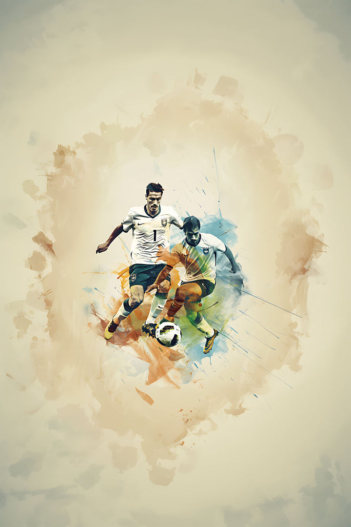 Wadi Home dynamic soccer action watercolor print featuring two players battling for the ball, abstract background.