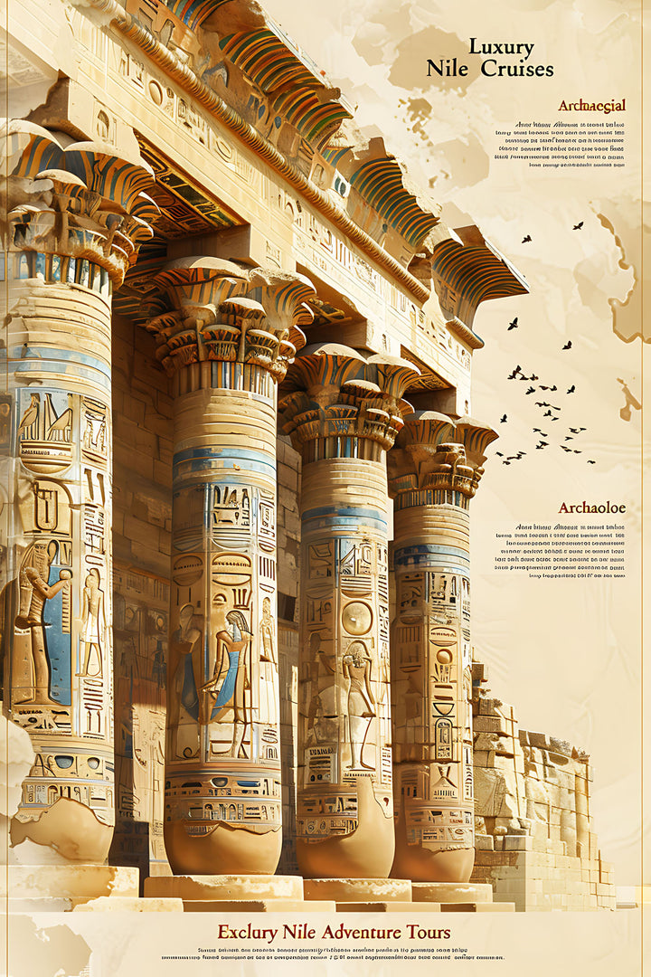 Wadi Home ancient Egyptian temple columns wall art with hieroglyphs in warm earthy tones. Features text for Luxury Nile Cruises.