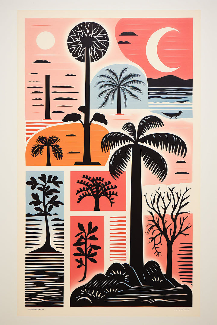 Wadi Home Tropical Landscape Collage Wall Art featuring palm trees, exotic flora, and a crescent moon in a sunset palette.