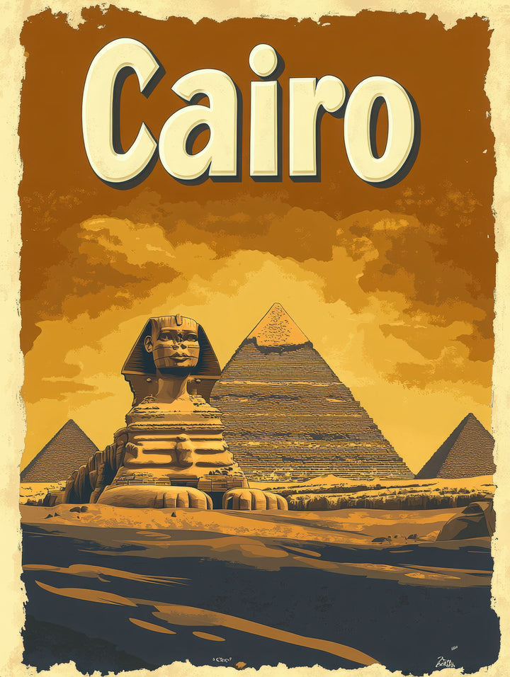 Wadi Home Cairo Pyramids and Sphinx vintage travel poster in sepia tones. Iconic Egyptian landmarks depicted in a retro art style.