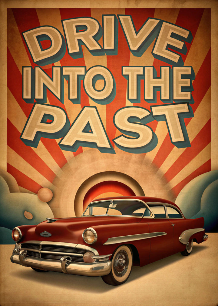 Wadi Home vintage car poster featuring a cherry-red classic automobile with
