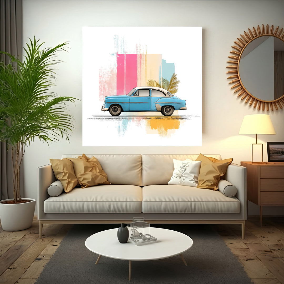 Wadi Home blue vintage car with tropical leaves and abstract colorful strokes wall art.
