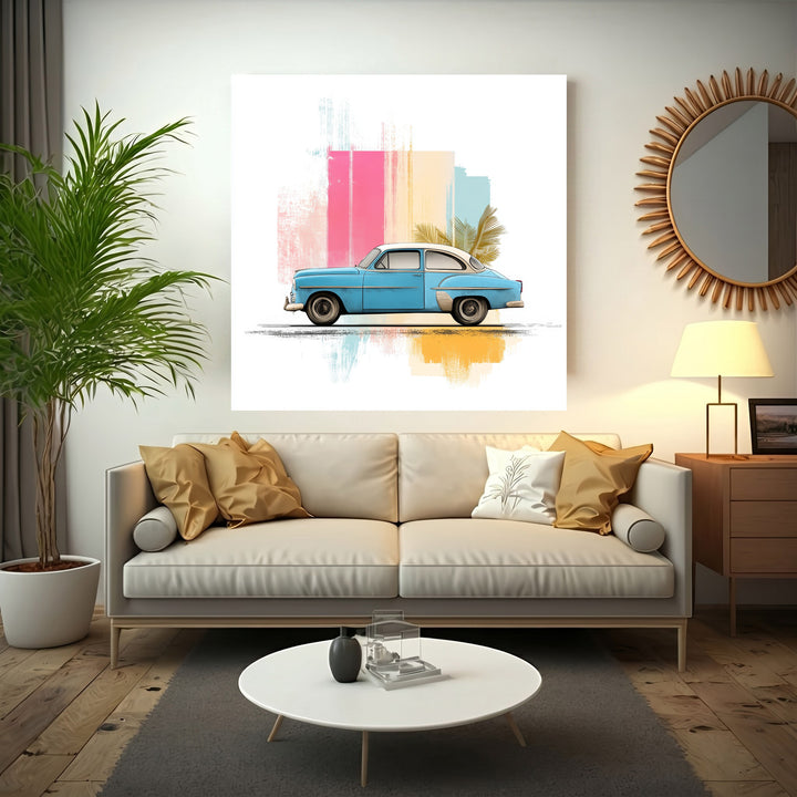 Wadi Home blue vintage car with tropical leaves and abstract colorful strokes wall art.