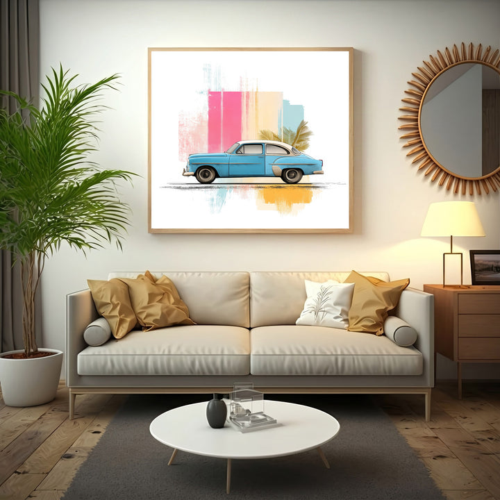 Wadi Home blue vintage car artwork with tropical leaves and abstract colorful strokes.