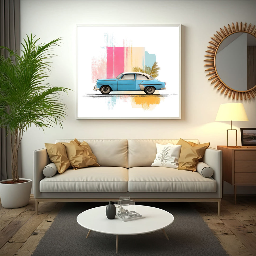 Wadi Home blue vintage car with tropical leaves and abstract colorful strokes wall art.
