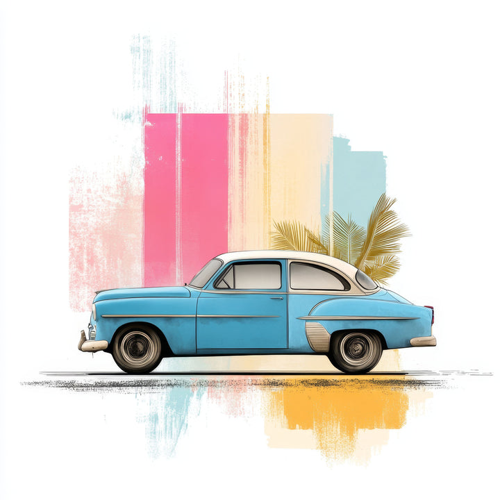 Wadi Home blue vintage car with tropical leaves and abstract colorful strokes wall art.