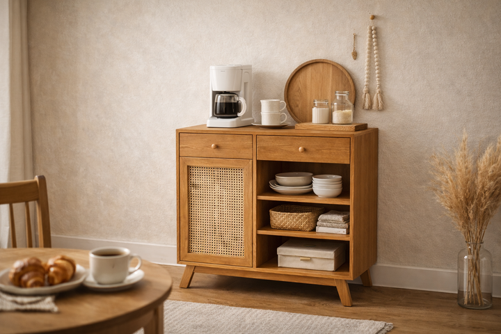 Sahara Cane Coffee Cabinet with woven rattan door and warm honey wood finish in cozy interior setting