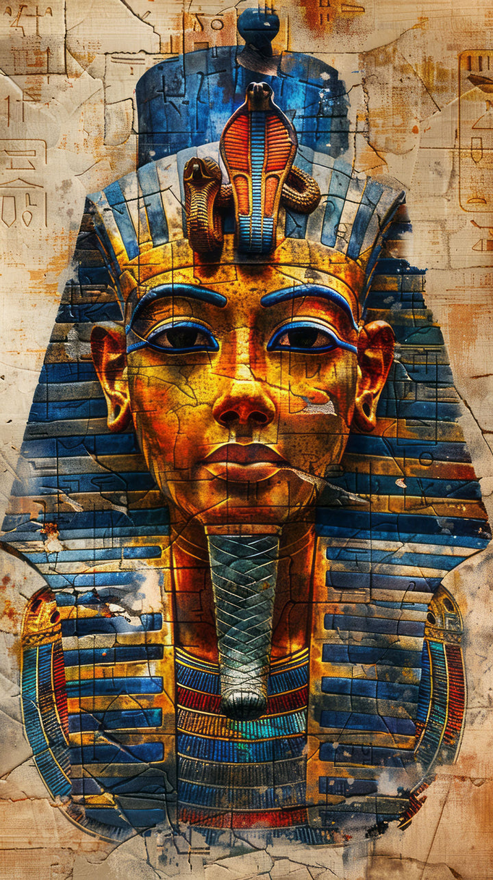 Wadi Home Ancient Egyptian Pharaoh portrait wall art with gold, blue, and red headdress and hieroglyphic background.