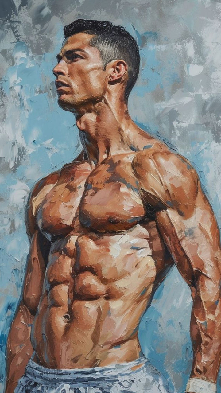 Wadi Home athletic figure portrait wall art, muscular physique in expressive brushstrokes, blue and brown tones.