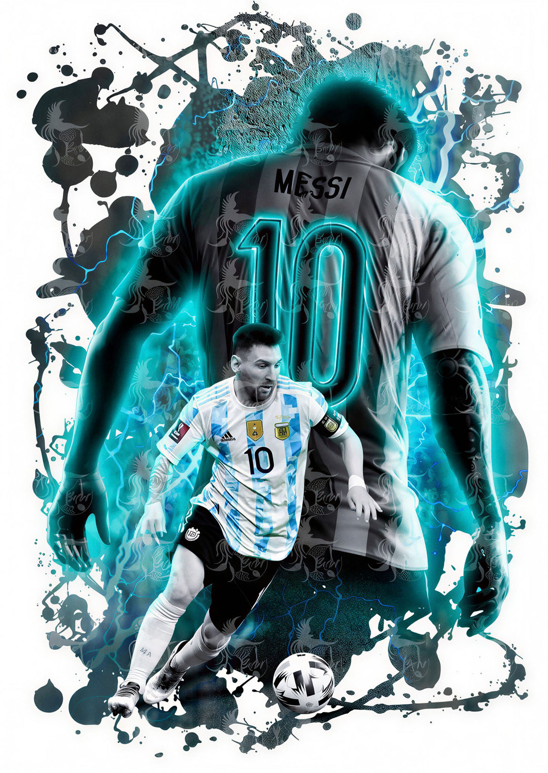 Wadi Home Messi soccer player art print, dynamic blue and black graphic style, player in action with ball.