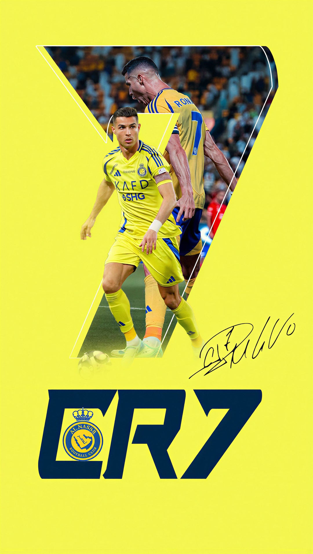 Wadi Home Cristiano Ronaldo CR7 football player poster with dynamic action imagery and bold CR7 graphic on a vibrant yellow background.