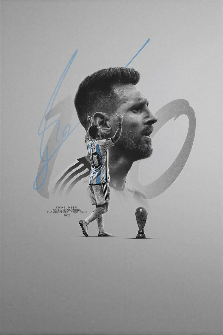 Wadi Home framed wall art featuring Lionel Messi in his Argentina jersey, with his signature and a trophy graphic. Minimalist design.