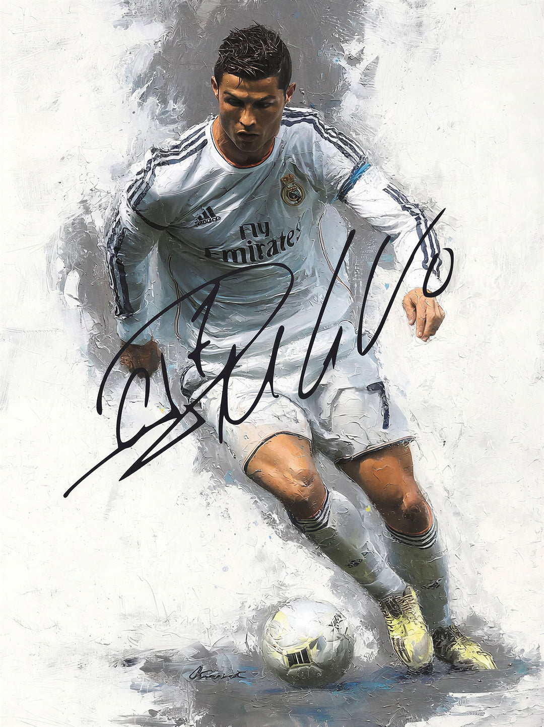 Wadi Home Cristiano Ronaldo action shot art print, white kit, painterly style, signed.