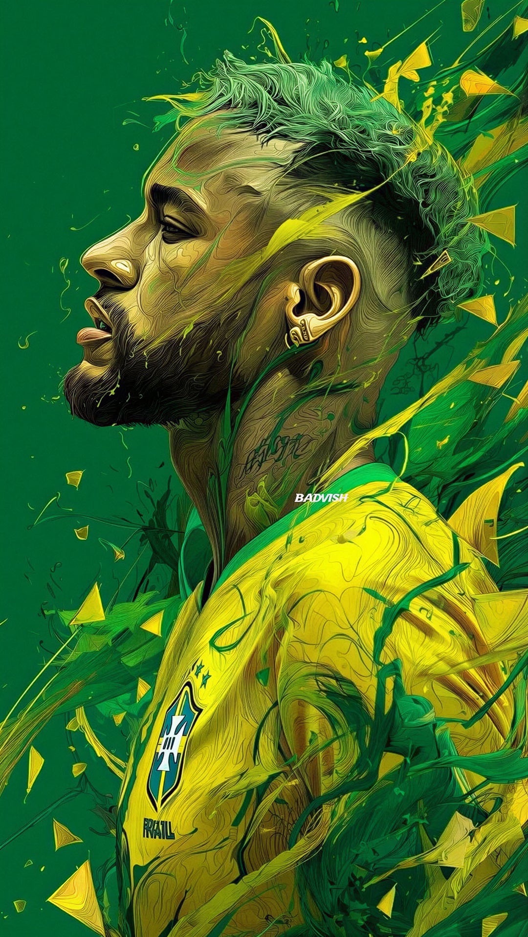 Wadi Home football player portrait wall art, abstract green and yellow design, dynamic sports art.