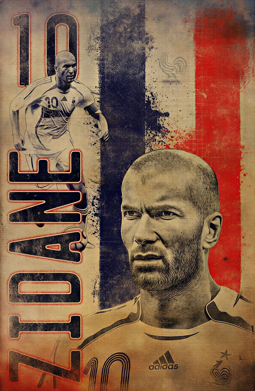 Wadi Home vintage Zinedine Zidane football poster with French flag colours and distressed texture.