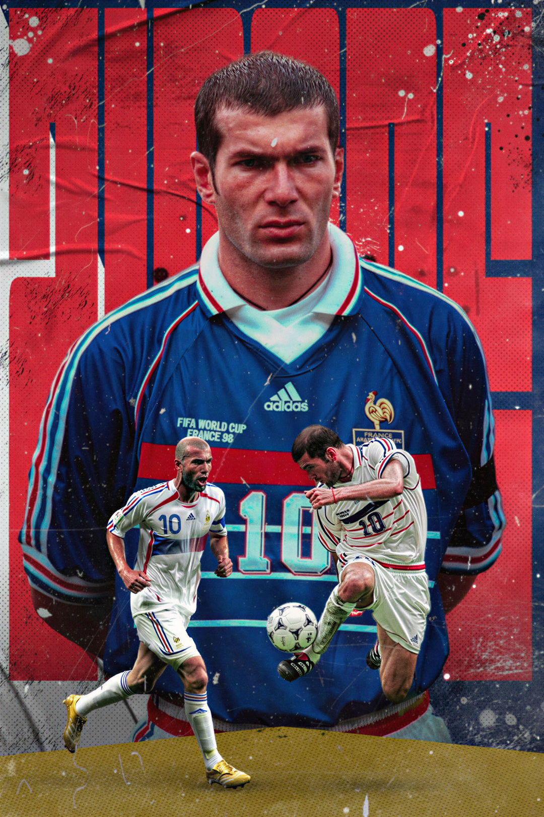 Wadi Home vintage poster of Zinedine Zidane in France's blue football kit, dribbling a ball. Dynamic action artwork.
