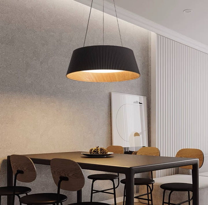 Black Pleated Drum Pendant Light with Warm Wood Interior