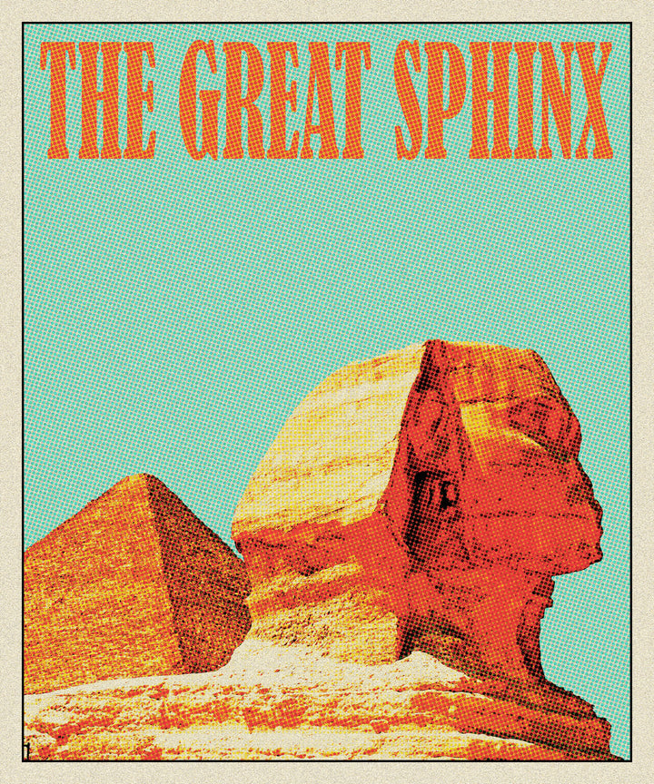 Wadi Home vintage travel poster of the Great Sphinx and pyramid against a turquoise sky. Retro design.