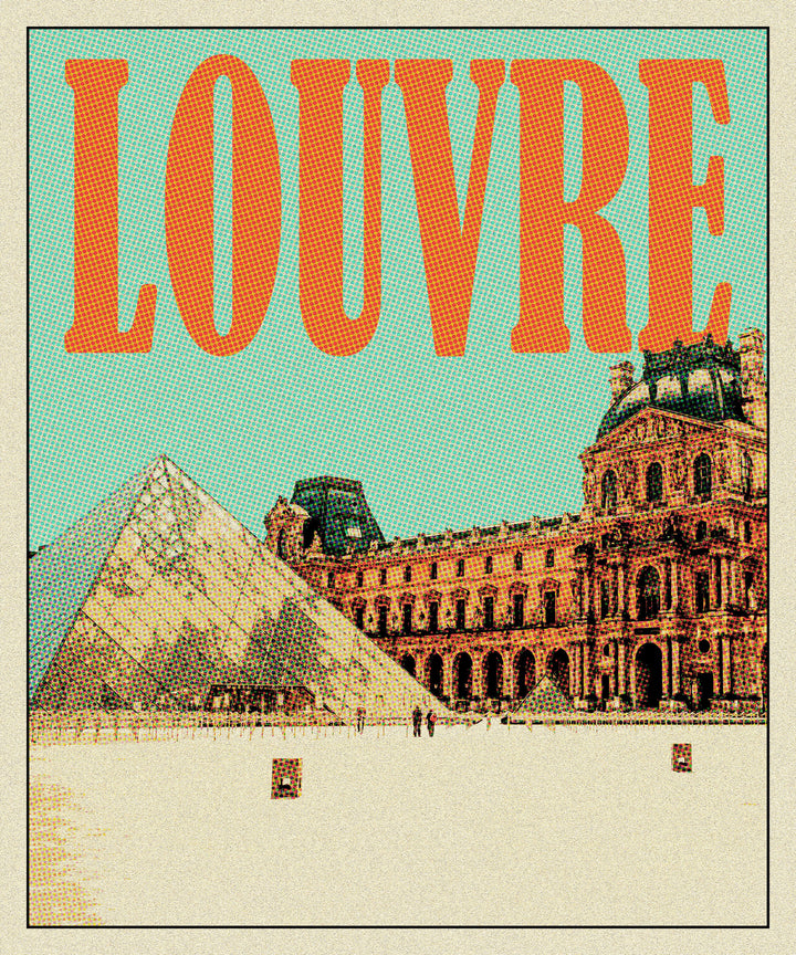 Wadi Home vintage Louvre Museum travel poster featuring the iconic pyramid and palace in a retro style with muted colors.