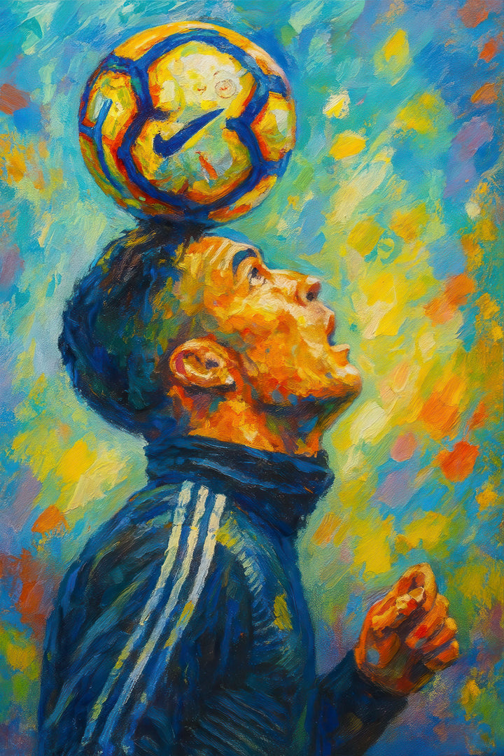 Wadi Home framed print of a soccer player balancing a ball on his head, vibrant abstract background.