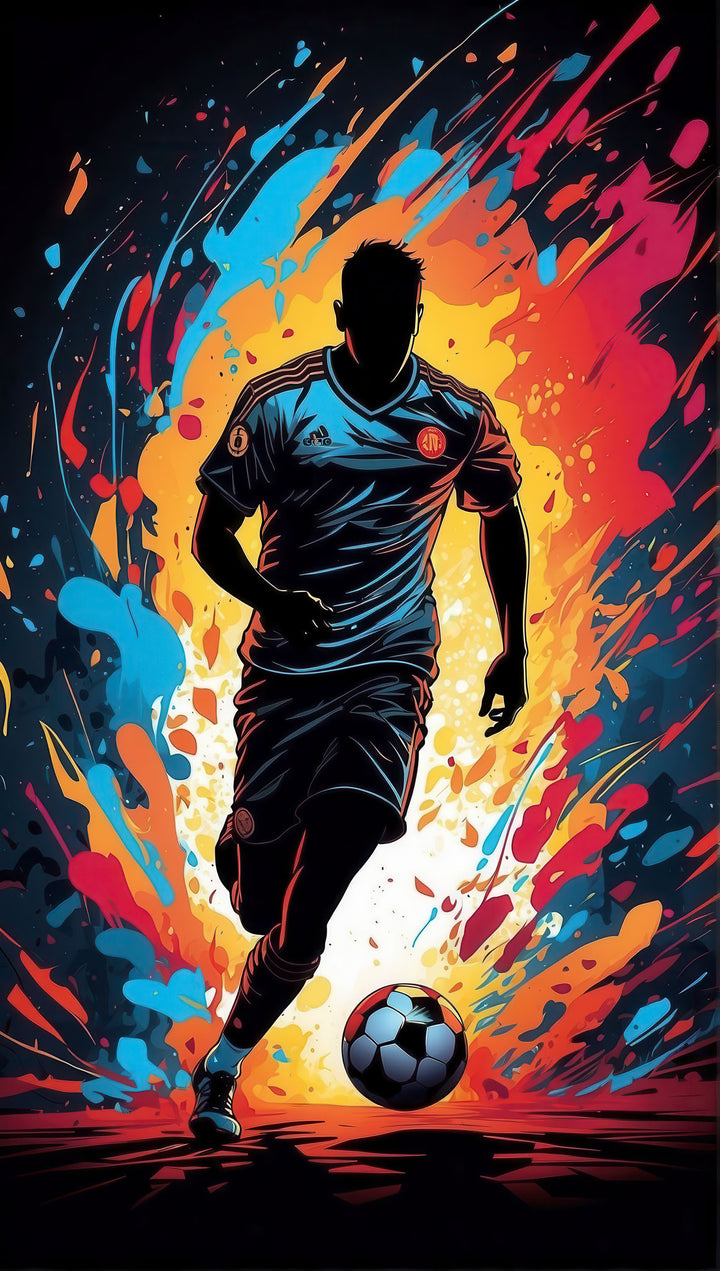 Wadi Home dynamic soccer player wall art, silhouetted figure in action with vibrant abstract colors and a soccer ball.