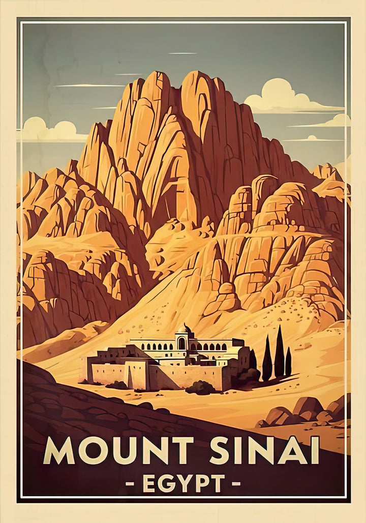 Wadi Home vintage Mount Sinai Egypt travel poster featuring desert mountains and a monastery.