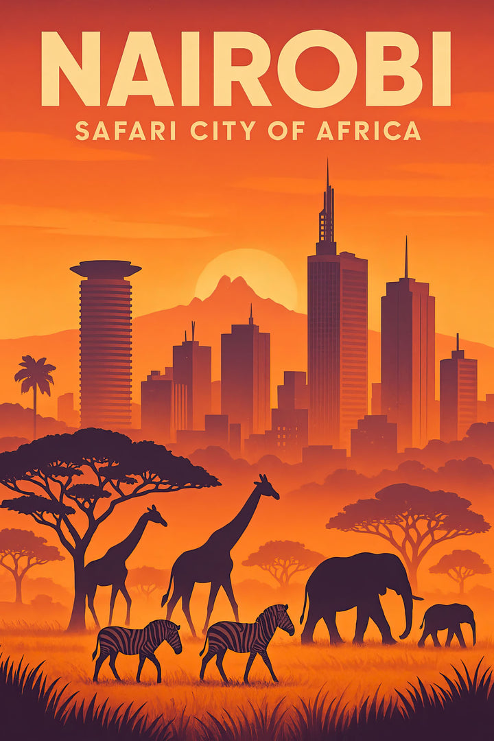 Wadi Home Nairobi "Safari City of Africa" poster featuring a vibrant sunset over the skyline with silhouetted giraffes, zebras, and elephants.