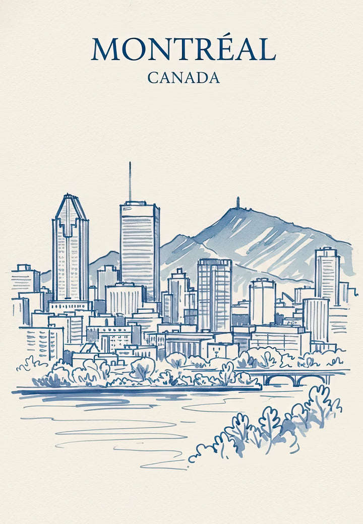 Wadi Home Montreal Canada skyline sketch art print with blue line drawing of city and Mount Royal.