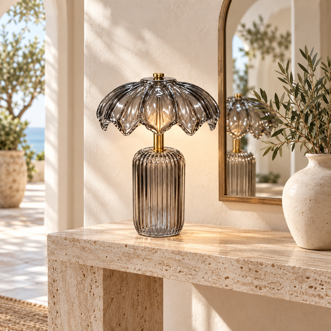 Smoked Glass Scalloped Table Lamp