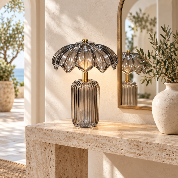 Smoked Glass Scalloped Table Lamp