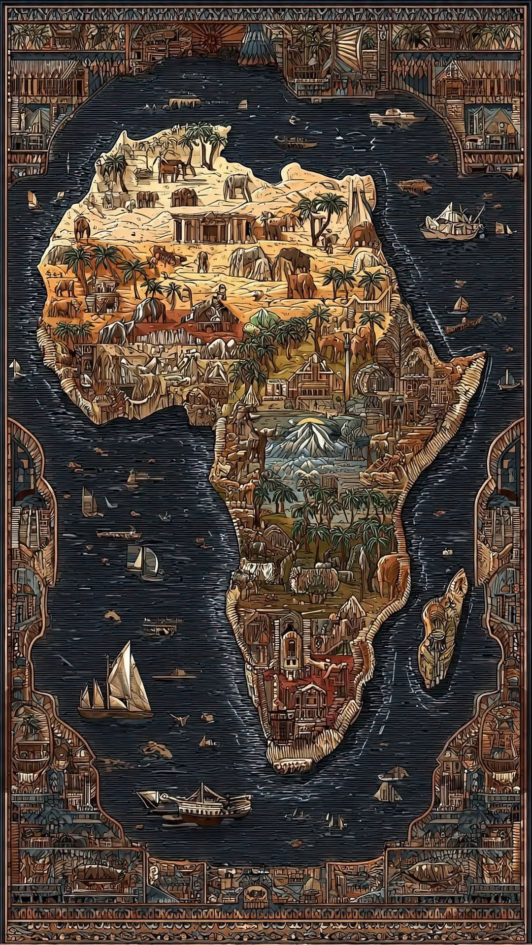 Wadi Home vintage African continent map tapestry with detailed wildlife and ornate borders in earthy tones.