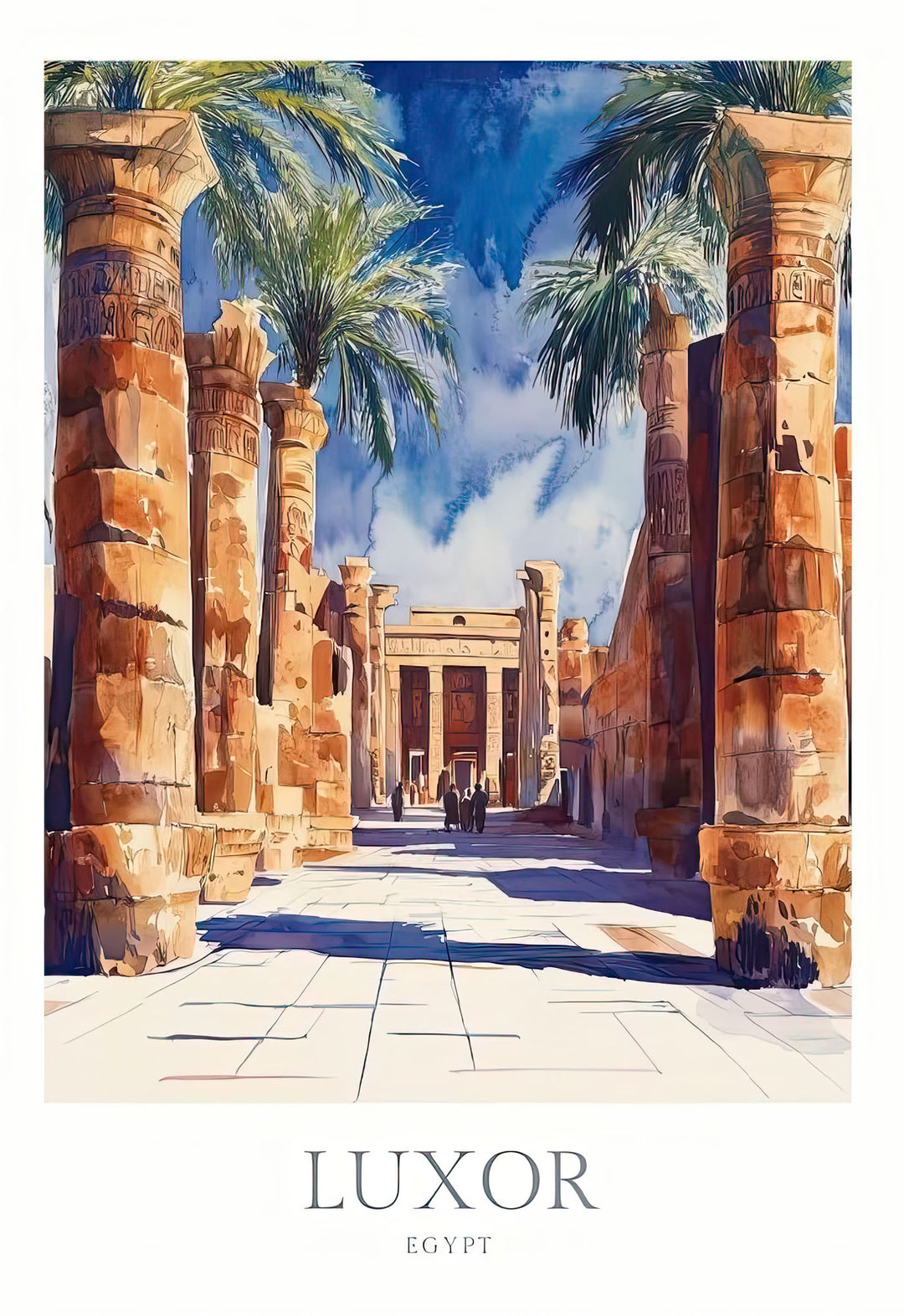 Wadi Home Luxor Egypt watercolor print featuring ancient columns and palm trees. Warm earthy tones and vibrant blues.
