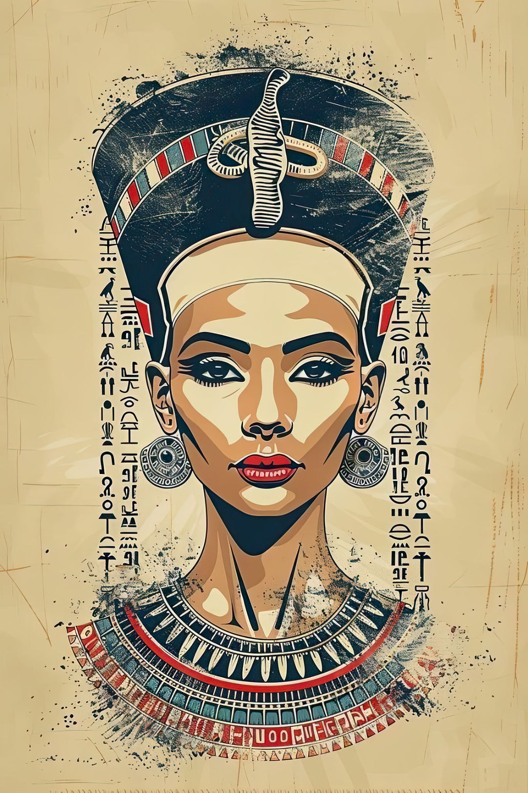 Wadi Home Ancient Egyptian Queen portrait wall art with headdress, jewelry, and hieroglyphs. Textured painterly effect.